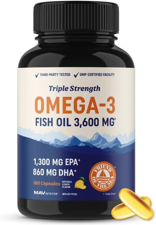 MAV Nutrition Omega-3 Fish Oil Supplement 3600 mg 180 Softgels MAV Nutrition