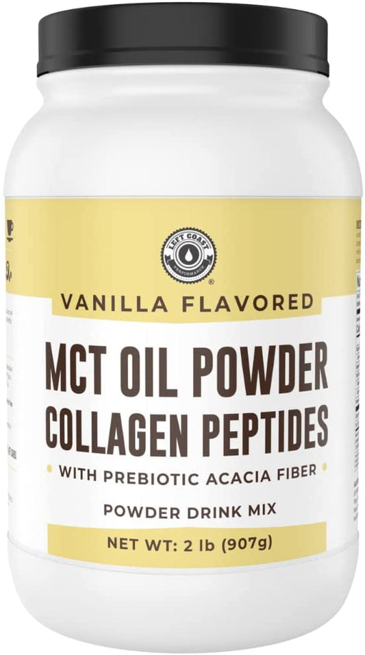 32oz Vanilla Keto MCT Powder + Collagen + Prebiotic Acacia Fibre. MCT Creamer. MCT Oil Powder from Coconuts. MCT Collagen Powder, Grass Fed, Perfect for Keto, 0 Net Carb, Stevia, Erythritol Left Coast Performance