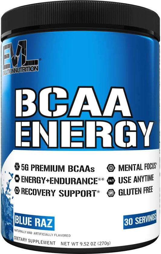 EVL BCAAs Amino Acids Powder - Rehydrating BCAA Powder Post Workout Recovery Drink with Natural Caffeine - BCAA Energy Pre Workout Powder for Muscle Recovery Lean Growth and Endurance - Blue Raz EVLUTION NUTRITION