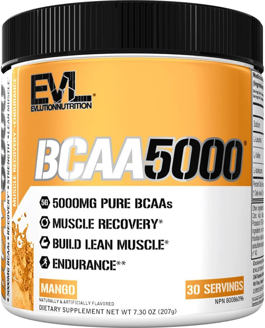 EVL BCAAs Amino Acids Powder - BCAA Powder Post Workout Recovery Drink and Stim Free Pre Workout Energy Drink Powder - 5g Branched Chain Amino Acids Supplement for Men - Mango EVLUTION NUTRITION