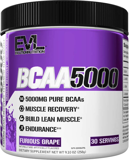 EVL BCAAs Amino Acids Powder - BCAA Powder Post Workout Recovery Drink and Stim Free Pre Workout Energy Drink Powder - 5g Branched Chain Amino Acids Supplement for Men - Furious Grape EVLUTION NUTRITION