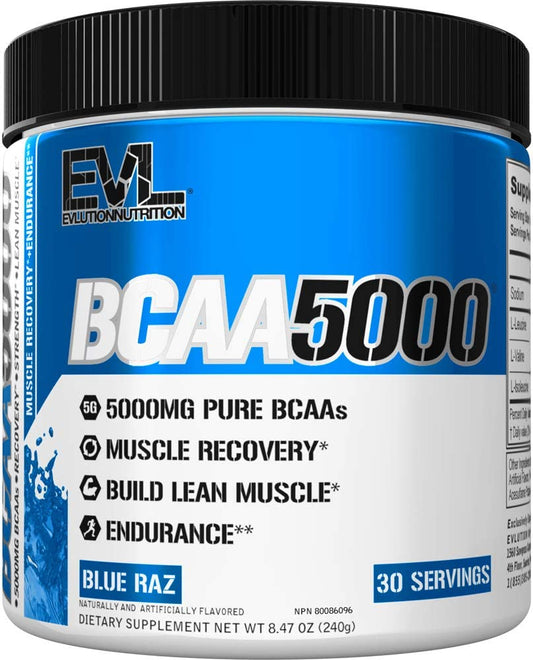 EVL BCAAs Amino Acids Powder - BCAA Powder Post Workout Recovery Drink and Stim Free Pre Workout Energy Drink Powder - 5g Branched Chain Amino Acids Supplement for Men - Blue Raz EVLUTION NUTRITION