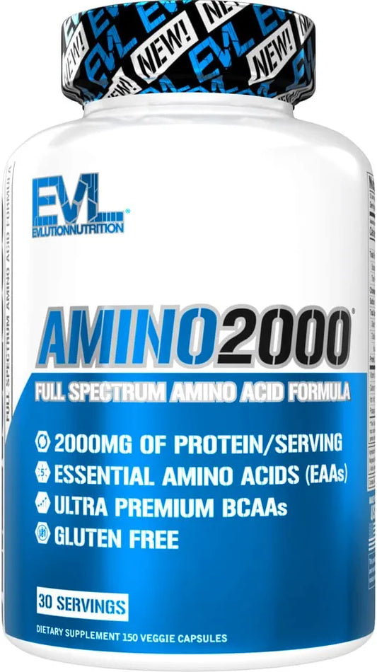 Amino 2000 Capsules - 2 Grams of Amino Acids Essential for Performance, Recovery, Endurance, Muscle Building, Keto Friendly, No Sugar, No Stimulants (30 Servings) EVLUTION NUTRITION