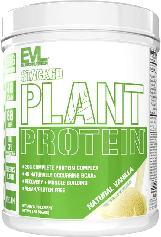 Stacked Plant Protein Powder, Vegan, Non-GMO, Gluten-Free, Probiotics, BCAAs, Fiber, Complete Plant-Based Protein Complex, 1.5 LB (Natural Vanilla) EVLUTION NUTRITION