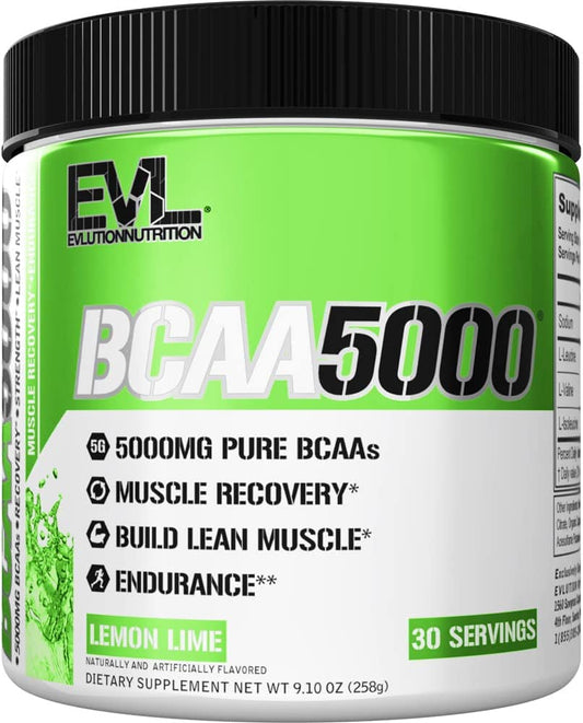 EVL BCAAs Amino Acids Powder - BCAA Powder Post Workout Recovery Drink and Stim Free Pre Workout Energy Drink Powder - 5g Branched Chain Amino Acids Supplement for Men - Lemon Lime EVLUTION NUTRITION