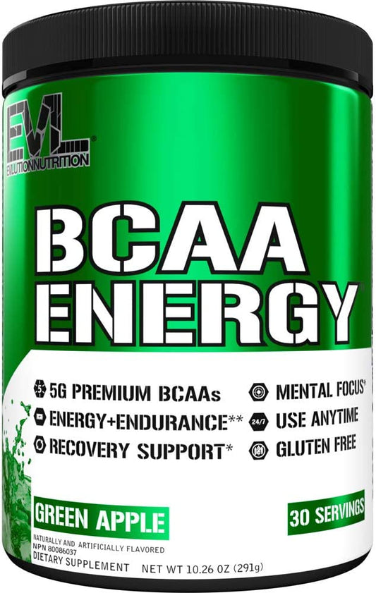 EVL BCAAs Amino Acids Powder - Rehydrating BCAA Powder Post Workout Recovery Drink with Natural Caffeine - BCAA Energy Pre Workout Powder for Muscle Recovery Lean Growth and Endurance - Green Apple EVLUTION NUTRITION
