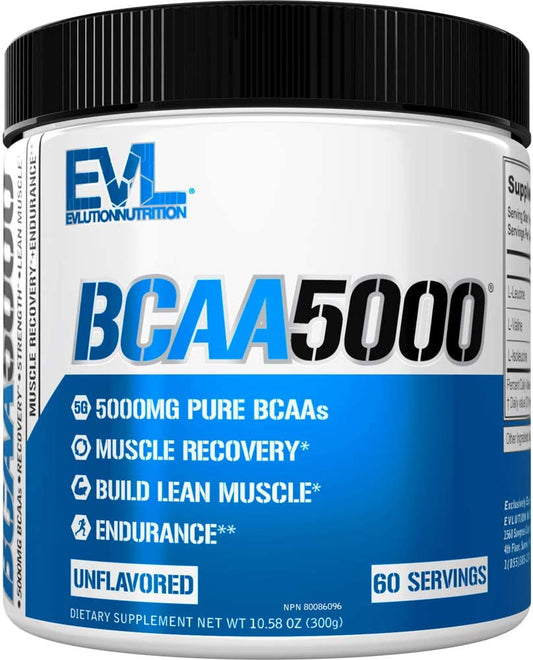 EVL BCAAs Amino Acids Powder - BCAA Powder Post Workout Recovery Drink and Stim Free Pre Workout Energy Drink Powder - 5g Branched Chain Amino Acids Supplement for Men - Unflavored EVLUTION NUTRITION