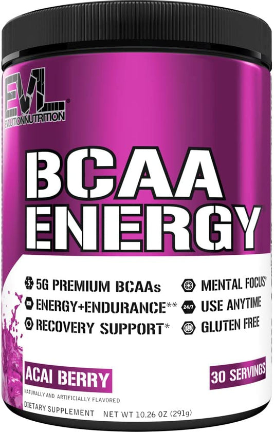 EVL BCAAs Amino Acids Powder - Rehydrating BCAA Powder Post Workout Recovery Drink with Natural Caffeine - BCAA Energy Pre Workout Powder for Muscle Recovery Lean Growth and Endurance - Acai Berry EVLUTION NUTRITION