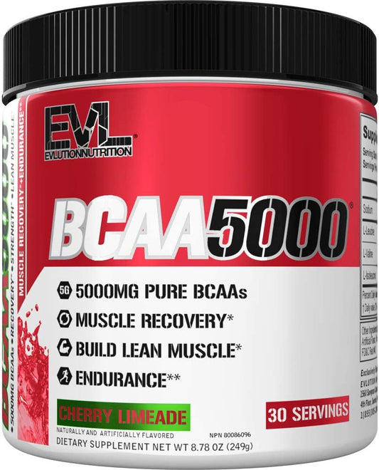 EVL BCAAs Amino Acids Powder - BCAA Powder Post Workout Recovery Drink and Stim Free Pre Workout Energy Drink Powder - 5g Branched Chain Amino Acids Supplement for Men - Cherry Limeade EVLUTION NUTRITION