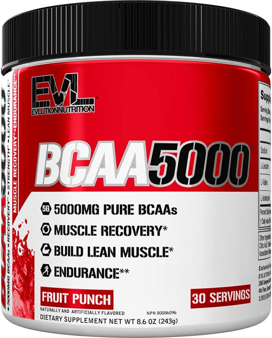 EVL BCAAs Amino Acids Powder - BCAA Powder Post Workout Recovery Drink and Stim Free Pre Workout Energy Drink Powder - 5g Branched Chain Amino Acids Supplement for Men - Fruit Punch EVLUTION NUTRITION