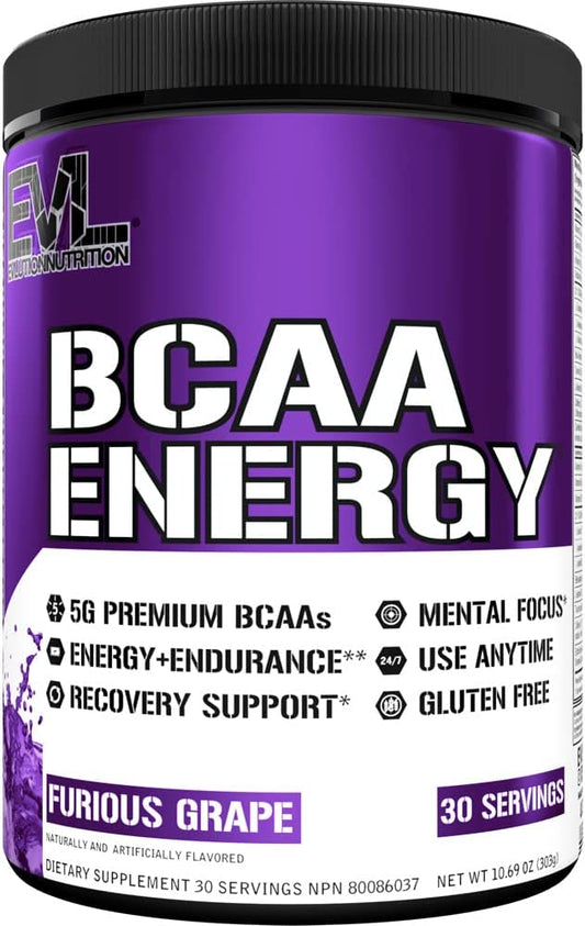 EVL BCAAs Amino Acids Powder - Rehydrating BCAA Powder Post Workout Recovery Drink with Natural Caffeine - BCAA Energy Pre Workout Powder for Muscle Recovery Lean Growth and Endurance - Furious Grape EVLUTION NUTRITION