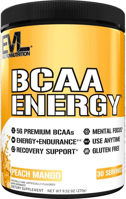 EVL BCAAs Amino Acids Powder - Rehydrating BCAA Powder Post Workout Recovery Drink with Natural Caffeine - BCAA Energy Pre Workout Powder for Muscle Recovery Lean Growth and Endurance - Peach Mango EVLUTION NUTRITION