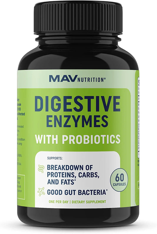 Digestive Enzymes Supplement with Probiotics | for Breaking Down Dairy, Protein, Sugar, & Carbs* | Nutrient Absorption, Lactose, Gas Relief, & Bloating* | Vegetarian, 3rd-Party Tested (60 Capsules) MAV Nutrition