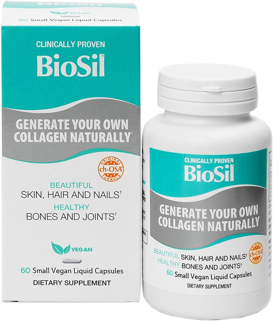 BioSil - 60 Vegan Liquid Capsules - with Patented ch-OSA Complex - Increase Collagen Production for Beautiful Hair, Skin & Nails - GMO Free Biosil