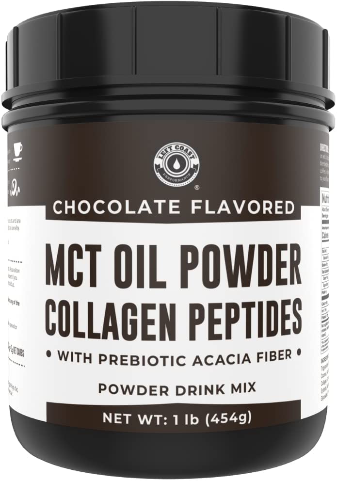 16oz Chocolate Keto MCT Powder + Collagen + Prebiotic Acacia Fiber. MCT Creamer. MCT Oil Powder from Coconuts. MCT Collagen Powder, Grass Fed, Perfect for Keto, 1 Net Carb, Stevia, Erythritol Left Coast Performance