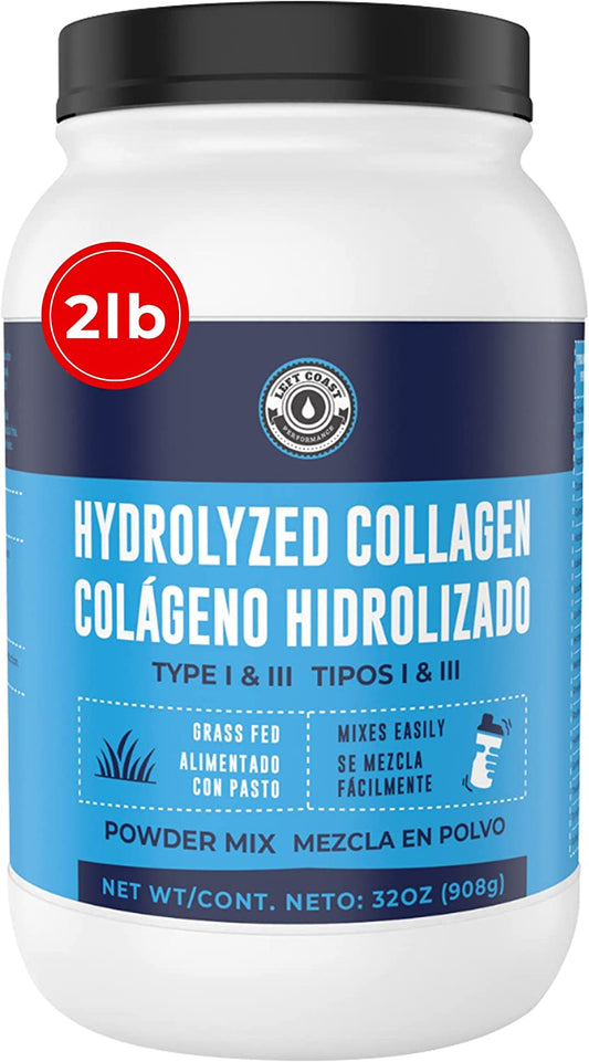 2lb Colageno Hidrolizado En Polvo para Mujeres y Hombres - Péptidos de Colageno tipo I & III -Alimentado Con Pasto - Sin Sabor – Apoya articulaciones, piel, Cabello, uñas Left Coast Performance