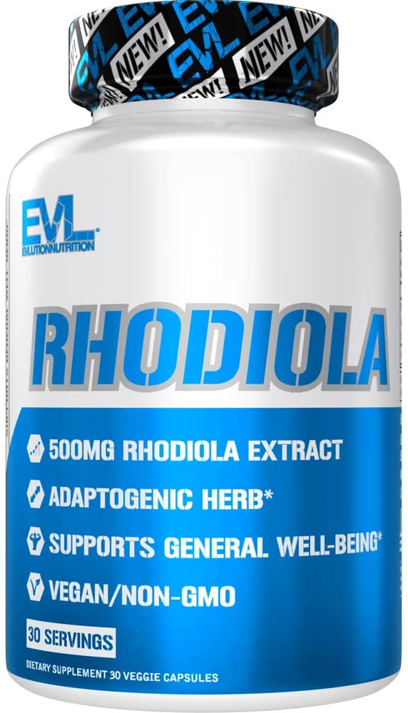 Herbal Adaptogen Rhodiola Rosea Capsules - 500mg Rhodiola Supplement for Focus Energy and Mood Support - EVL Calming Stress Supplement with Brain Focus Vitamins for Adults - 30 Vegan Capsules EVLUTION NUTRITION