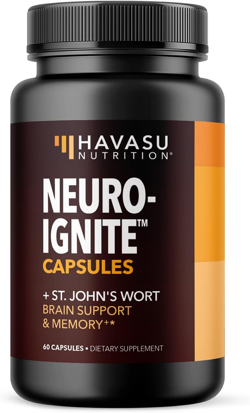 NeuroIgnite Brain Supplements for Memory and Focus Support with St Johns Wort & Ginkgo Biloba | Nootropics Brain Support Supplement | Cognitive & Memory Supplement for Brain Health | 2 Month Supply Havasu Nutrition