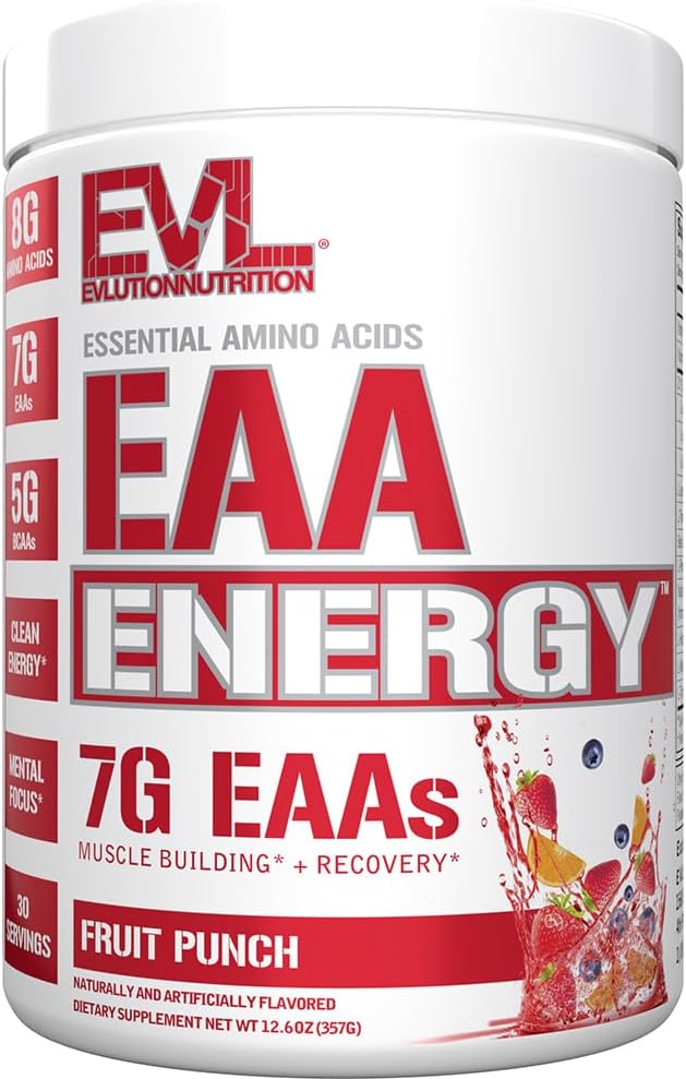 Evlution Nutrition EAA Energy - Pre & Post Workout Powder - Muscle Building & Recovery Supplement - 7g Essential Amino Acids + 5g BCAAs - Clean Energy - with Caffeine - 30 Servings - Fruit Punch EVLUTION NUTRITION