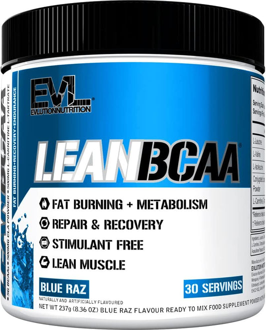 Evlution Nutrition LeanBCAA, BCAA’s, CLA and L-Carnitine, Stimulant-Free, Recover and Burn Fat, Sugar and Gluten Free, 30 Servings (Blue Raz) EVLUTION NUTRITION