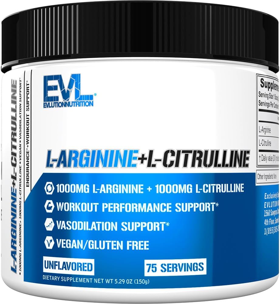 Evlution Nutrition L-Arginine + L-Citrulline - Endurance + Workout Performance Supplement - 2000mg Complex - Vasodilation + Nitric Oxide Support - Vegan + Gluten Free Powder - 75 Servings EVLUTION NUTRITION