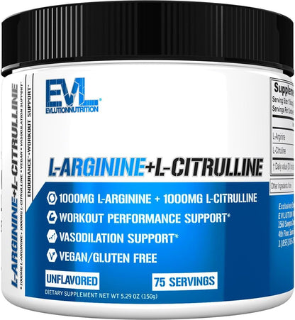 Evlution Nutrition L-Arginine + L-Citrulline - Endurance + Workout Performance Supplement - 2000mg Complex - Vasodilation + Nitric Oxide Support - Vegan + Gluten Free Powder - 75 Servings EVLUTION NUTRITION