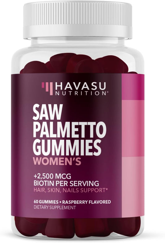 Saw Palmetto for Women + 2500 mcg Biotin Gummies | DHT Blocker and Biotin Gummies for Hair Skin and Nails | Supports Stronger Appearance of Hair for Women Post-Partum | 60 Vegan Saw Palmetto Gummies Havasu Nutrition