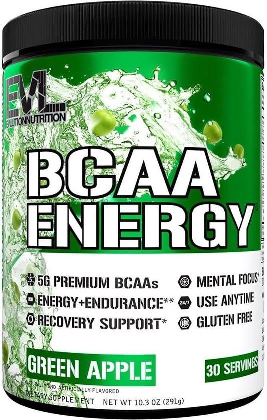 EVL BCAAs Amino Acids Powder - Rehydrating BCAA Powder Post Workout Recovery Drink with Natural Caffeine - BCAA Energy Pre Workout Powder for Muscle Recovery Lean Growth and Endurance - Green Apple EVLUTION NUTRITION