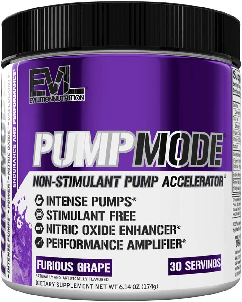 EVL PumpMode Nitric Oxide Supplement - Nitric Oxide Booster Pump Pre Workout Powder with Glycerol and Betaine for Muscle Recovery Growth and Endurance - Stim Free Pre Workout Drink (Furious Grape) EVLUTION NUTRITION