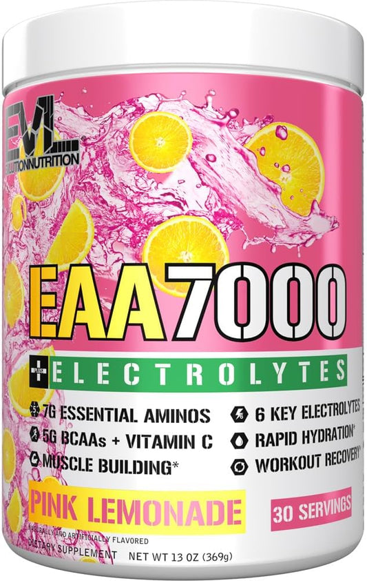 Evlution Nutrition EAA7000 + Electrolytes - Pre & Post Workout Powder - Muscle Building + Recovery Supplement - 7g EAAs + 5g BCAAs + 6 Key Electrolytes - Rapid Hydration - 30 Servings - Pink Lemonade EVLUTION NUTRITION