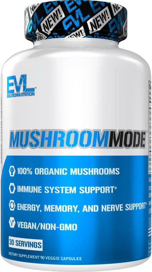 Vegan Organic Mushroom Supplement Capsules - Organic Lions Mane Mushroom Capsules with Cordyceps and Reishi Mushroom Blend - Nootropics Brain Support Supplement for Focus and Energy - 30 Servings EVLUTION NUTRITION