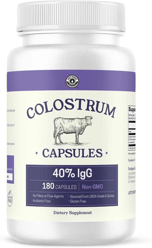 180ct Colostrum Capsules 40% IgG - USA Sourced Bovine Colostrum Powder Supplement for Immune Support, Gut Health, Muscle Recovery, and Overall Wellness - Single Ingredient, No Additives - 90 servings Left Coast Performance