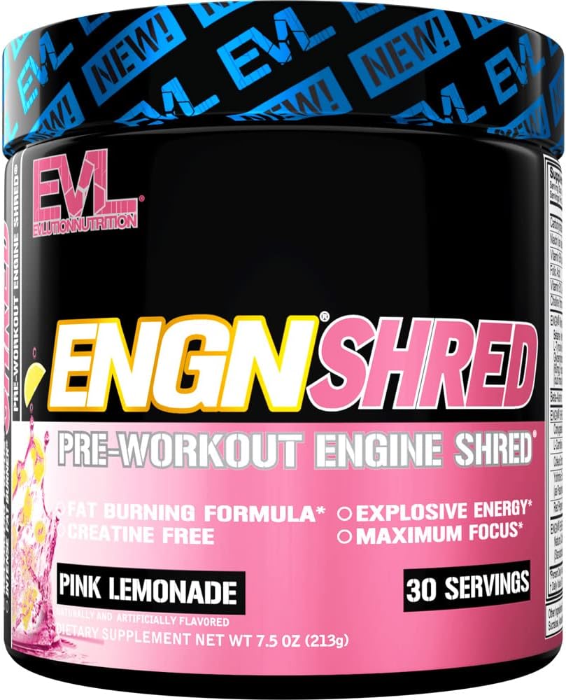 EVL Ultimate Pre Workout Powder - Thermogenic Fat Burner Preworkout Powder Drink for Lasting Energy Focus and Stamina - ENGN Shred Intense Fat Burning Creatine Free Preworkout Drink - Pink Lemonade EVLUTION NUTRITION