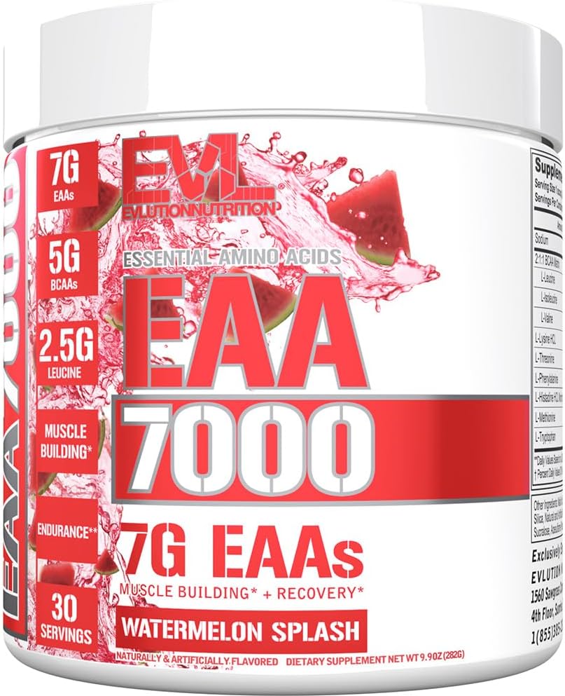 Evlution Nutrition EAA7000 - Pre & Post Workout Powder - Muscle Building + Recovery Supplement - 7g Essential Amino Acids + 5g BCAAs - Endurance + Energy Support - 30 Servings - Watermelon Splash EVLUTION NUTRITION