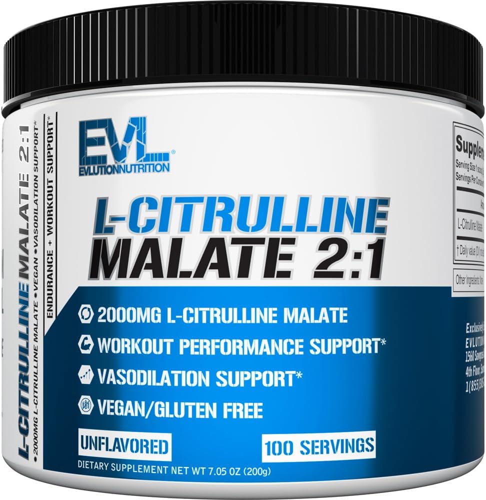 Evlution Nutrition L-Citrulline Malate 2:1-200mg L-Citrulline Malate - Workout Performance Support - Vasodilation Support - Dietary Supplement - Vegan & Gluten Free - 100 Servings - Unflavored EVLUTION NUTRITION