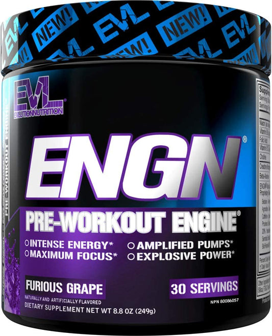 EVL Intense Pre Workout with Creatine - Pre Workout Powder Drink for Lasting Energy Focus and Recovery - ENGN Energizing Pre Workout for Men with Beta Alanine Caffeine and L Theanine (Furious Grape) EVLUTION NUTRITION