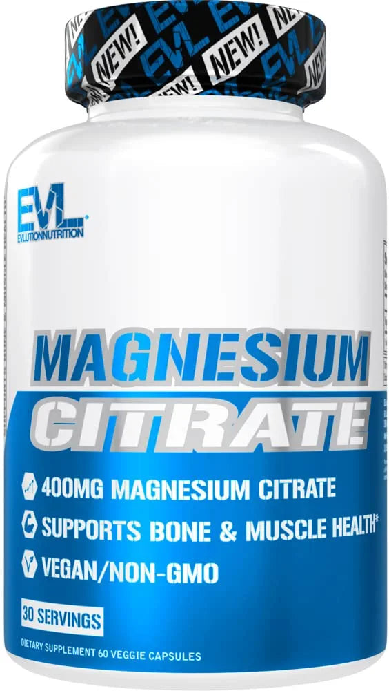 Magnesium Citrate Capsules 400mg - Muscle and Bone Health Magnesium Supplement with Pure Magnesium Citrate for Muscle Relaxation and Bone Strength - 60 Veggie Magnesium Capsules for Heart Health EVLUTION NUTRITION