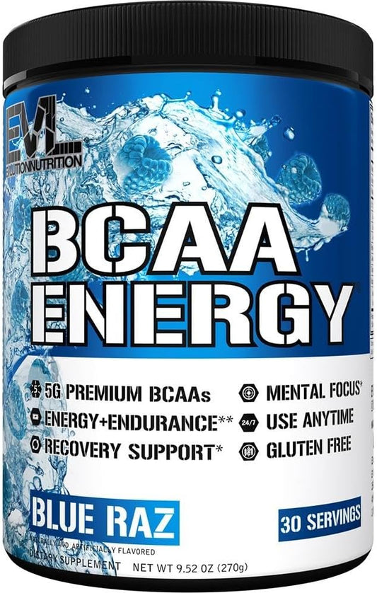 EVL BCAAs Amino Acids Powder - Rehydrating BCAA Powder Post Workout Recovery Drink with Natural Caffeine - BCAA Energy Pre Workout Powder for Muscle Recovery Lean Growth and Endurance - Blue Raz EVLUTION NUTRITION