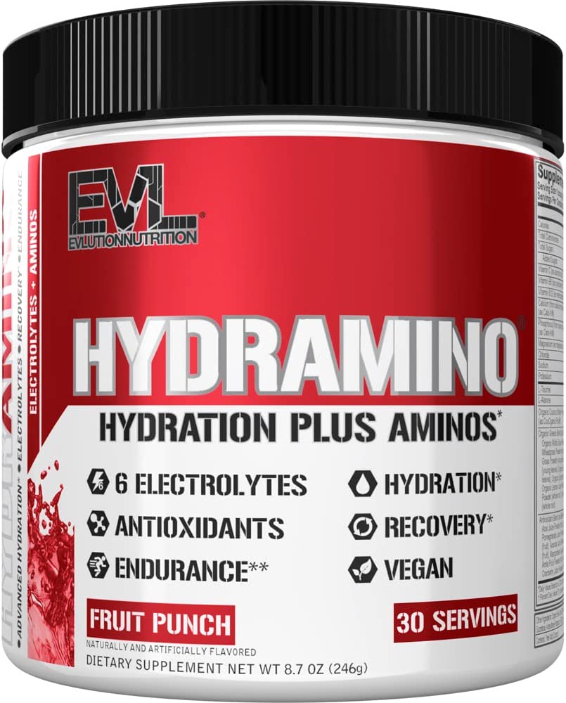 Evlution Nutrition HYDRAMINO Complete Hydration Multiplier, All 6 Electrolytes, Vitamin C & B, Fluid Boosting Aminos, Coconut Water, Endurance, Recovery, Antioxidants, 30 Serve, Fruit Punch EVLUTION NUTRITION