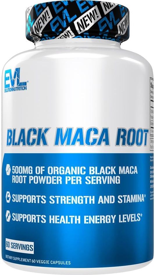 Black Maca Root - Energy Support - 500mg Organic Black Maca Root Powder - Workout Supplement - Vegetarian Capsules - for Strength Performance & Stamina - 60 Servings EVLUTION NUTRITION