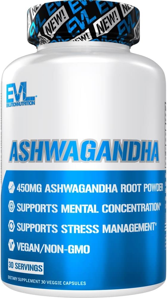 Non GMO Vegan Ashwagandha 500mg Capsules - Evlution Nutrition Pure Ashwagandha Capsules for Stress Energy and Mood Support - Traditional Calming Adaptogenic Mood and Stress Supplement (30 Servings) EVLUTION NUTRITION