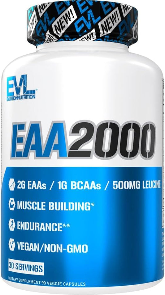 Evlution Nutrition EAA2000 - Pre & Post Workout Capsules - Muscle Building + Recovery Supplement - 2g Essential Amino Acids + 1g BCAAs - Endurance + Energy Support - 30 Servings EVLUTION NUTRITION