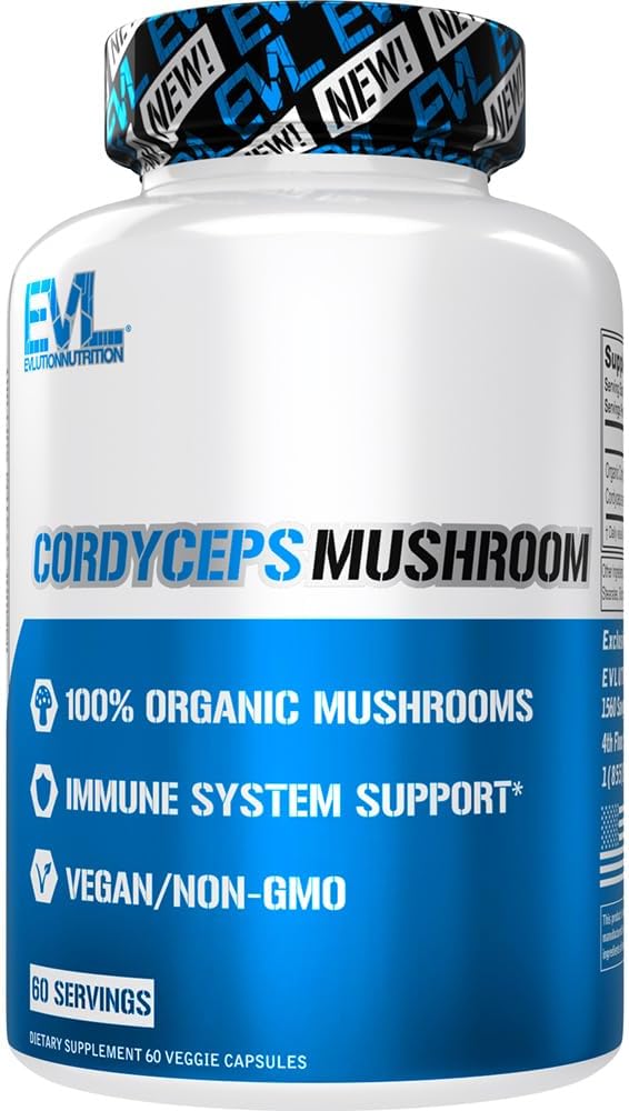 Cordyceps Mushroom - Immune System and Heart Health Support - 500mg Mushroom Supplement - 100% Organic, Vegan & Non-GMO - for Energy & Performance - 60 Servings EVLUTION NUTRITION