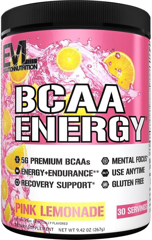 EVL BCAAs Amino Acids Powder - Rehydrating BCAA Powder Post Workout Recovery Drink with Natural Caffeine - BCAA Energy Pre Workout Powder for Muscle Recovery Lean Growth and Endurance - Pink Lemonade EVLUTION NUTRITION