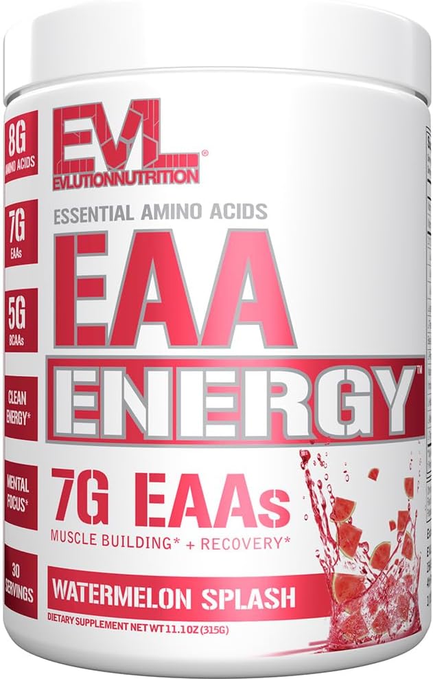 Evlution Nutrition EAA Energy - Pre & Post Workout Powder - Muscle Building & Recovery Supplement - 7g Essential Amino Acids + 5g BCAAs - Clean Energy - With Caffeine - 30 Servings - Watermelon Splash EVLUTION NUTRITION