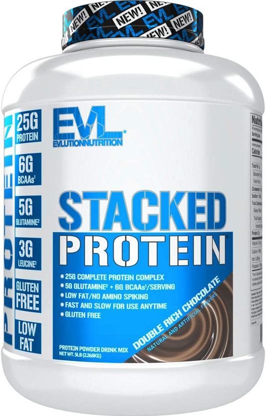 Evlution Nutrition Stacked Protein Powder with 25 Grams of Protein, 6 Grams of BCAAs and 5 Grams of Glutamine (Double Rich Chocolate, 5 LB) EVLUTION NUTRITION