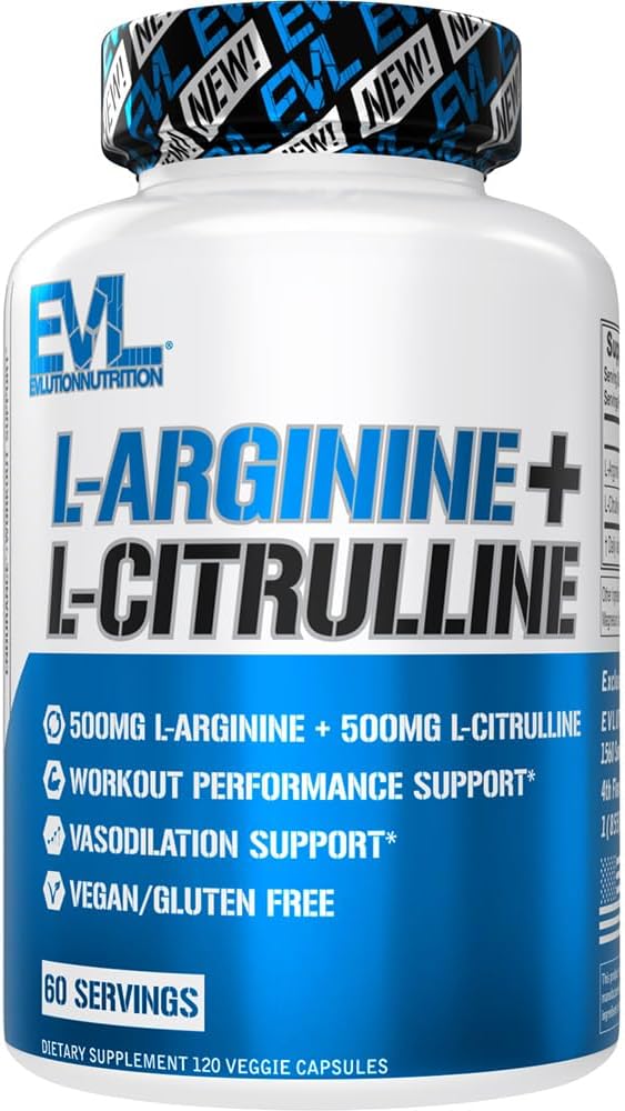 Evlution Nutrition L-Arginine + L-Citrulline - Endurance + Workout Performance Supplement - 500mg Complex - Vasodilation + Nitric Oxide Support - Vegan + Gluten Free Capsules - 60 Servings EVLUTION NUTRITION