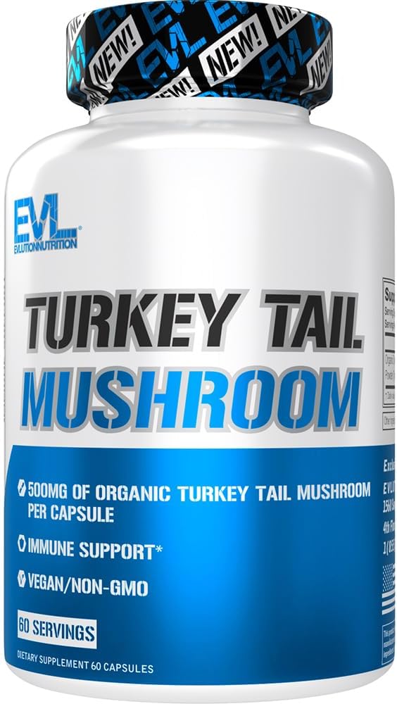 Evlution Nutrition Turkey Tail Mushroom - 500mg Organic Turkey Tail Mushroom per Capsule - Immune Support - Dietary Supplement - Vegan & Non-GMO - 60 Servings - 60 Capsules EVLUTION NUTRITION