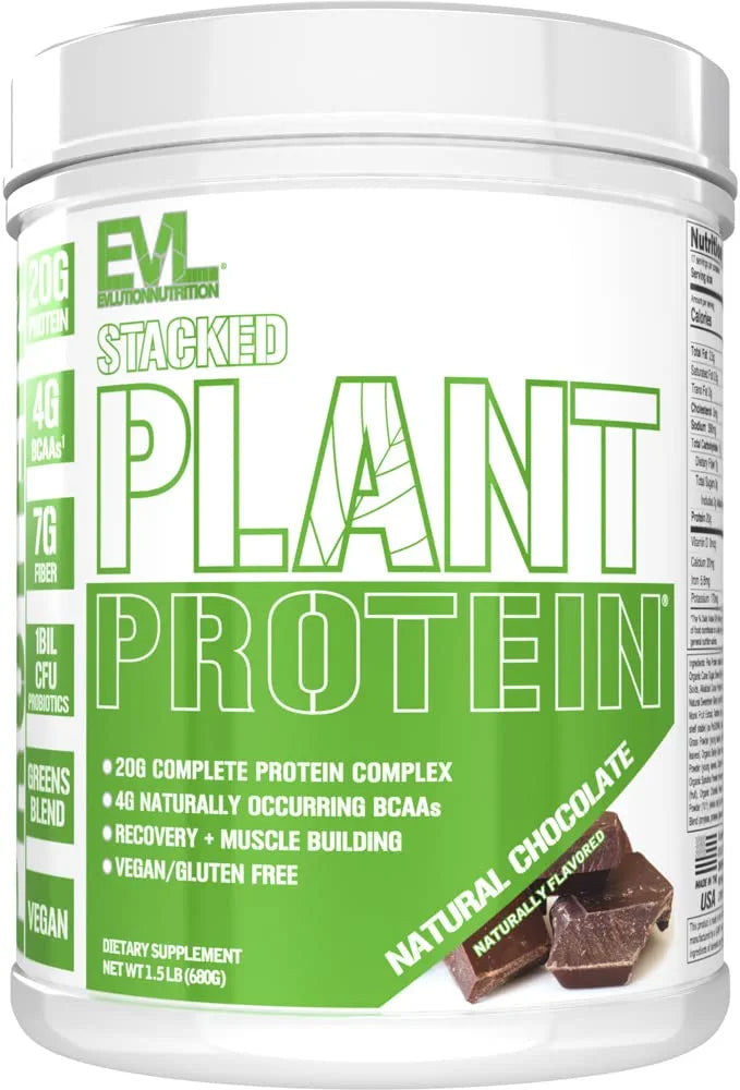 Evlution Nutrition Stacked Plant Protein Powder, Vegan, Non-GMO, Gluten-Free, Probiotics, BCAAs, Fiber, Complete Plant-Based Protein Complex, 1.5 LB (Natural Chocolate) EVLUTION NUTRITION