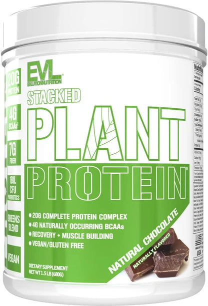 Evlution Nutrition Stacked Plant Protein Powder, Vegan, Non-GMO, Gluten-Free, Probiotics, BCAAs, Fiber, Complete Plant-Based Protein Complex, 1.5 LB (Natural Chocolate) EVLUTION NUTRITION